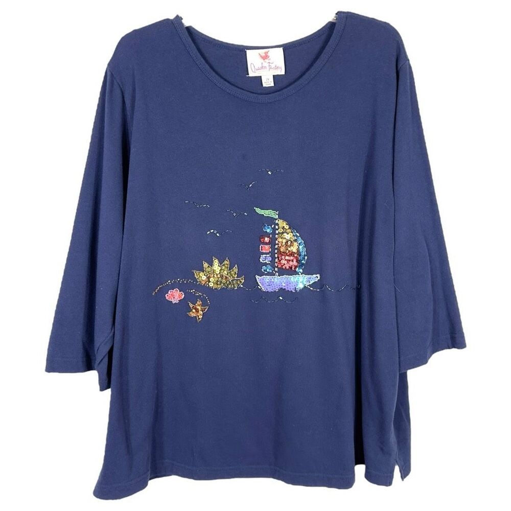 Quacker‎ Factory Plus Size 2X Top Navy Blue Sailboat Beaded Sequins 716